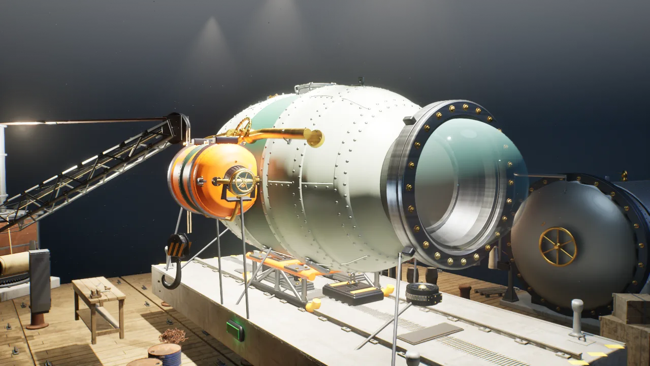 DG-01 Compact on the cradle: a riveted hull with a panorama viewport and orange tanks