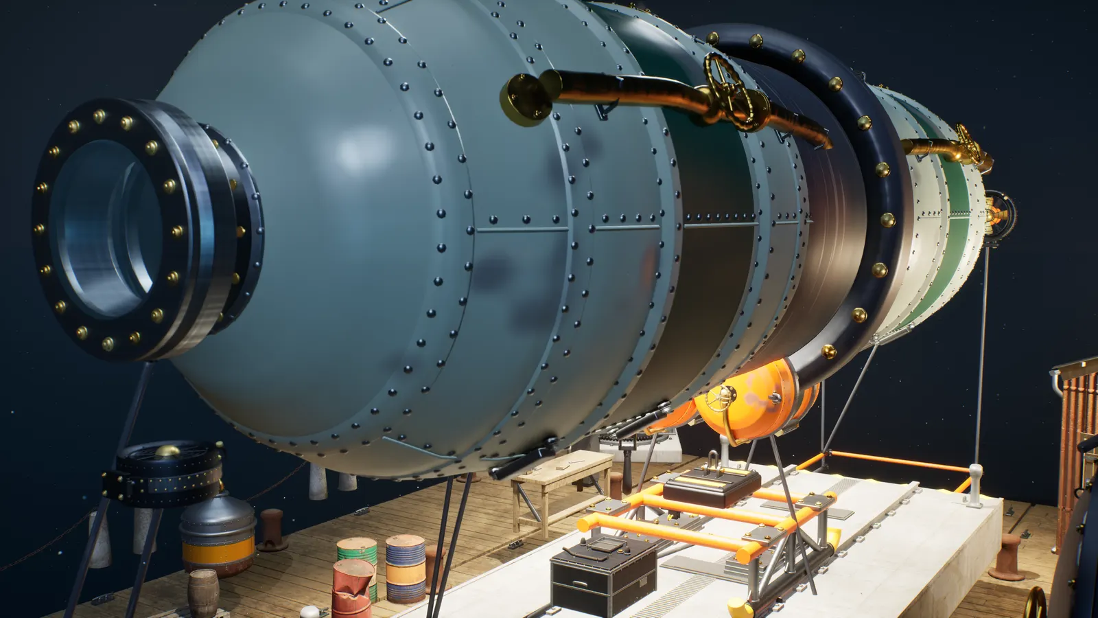 A riveted submersible on the cradle in the vessel dock, orange ballast tanks slung beneath it