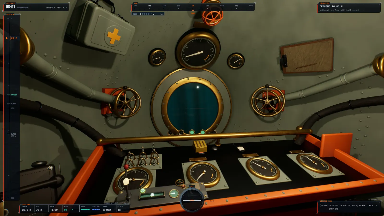 The pilot's seat: brass gauges, a round viewport, the depth tape on the left of the screen